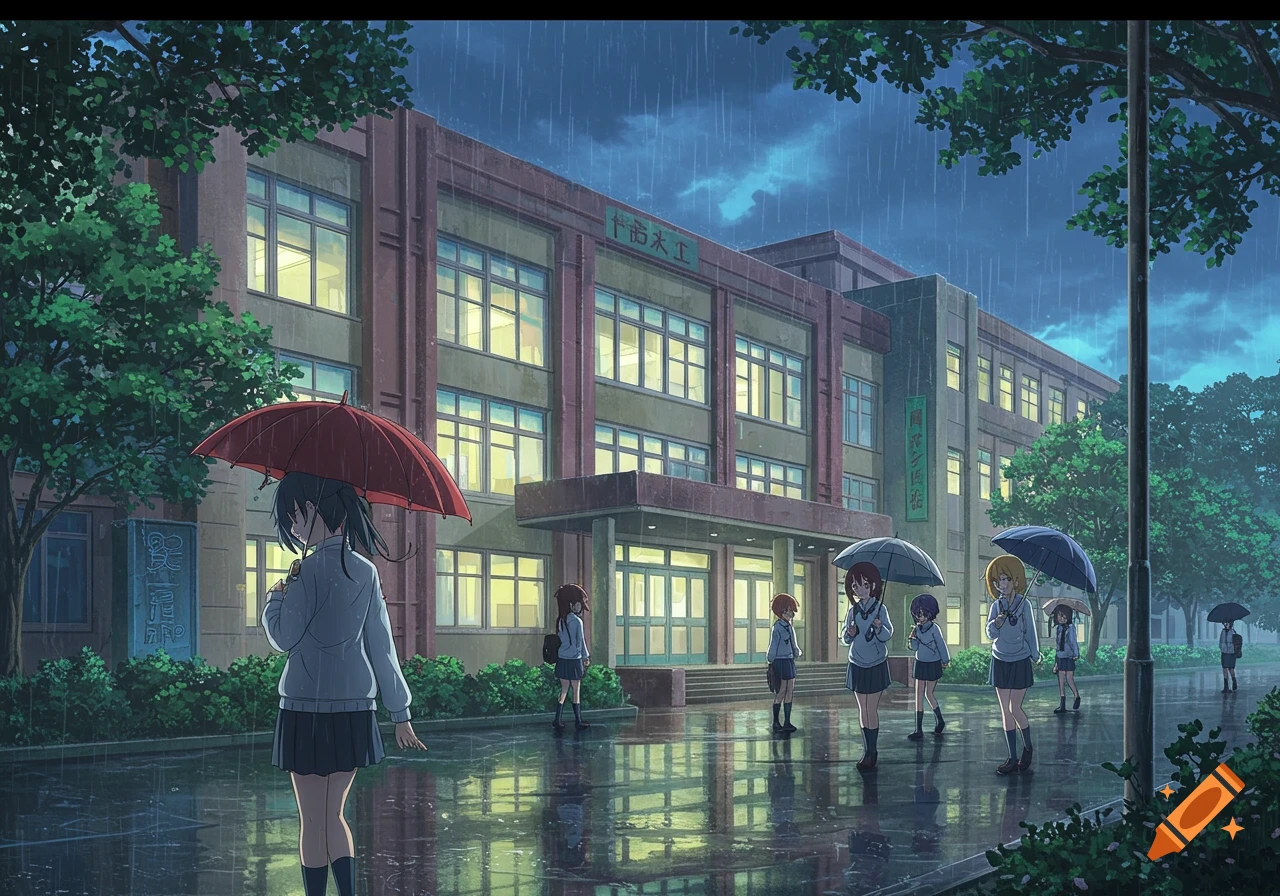 Anime-style illustration of students with umbrellas outside a school building on a rainy evening.