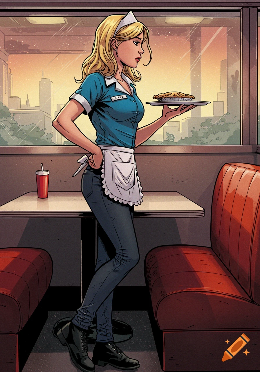 A blonde waitress in a blue uniform and apron holds a pie on a tray in a comic book style diner.