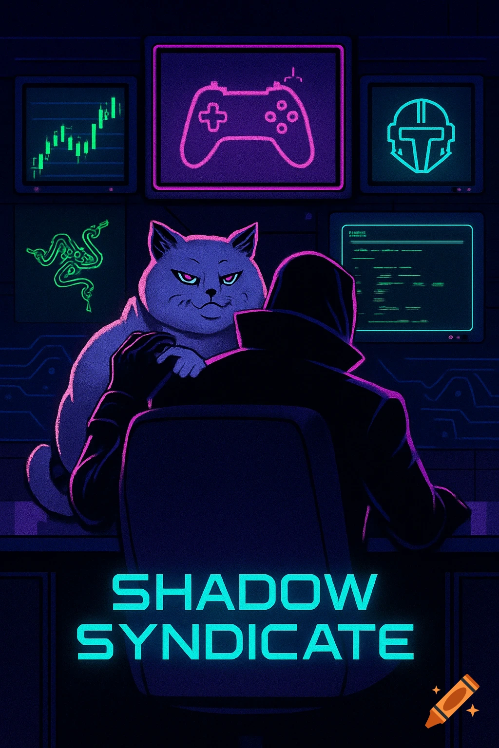 A mysterious villain in a dark cloak pets a smug cat in a neon-lit lair with glowing tech monitors. Text reads 'SHADOW SYNDICATE'.