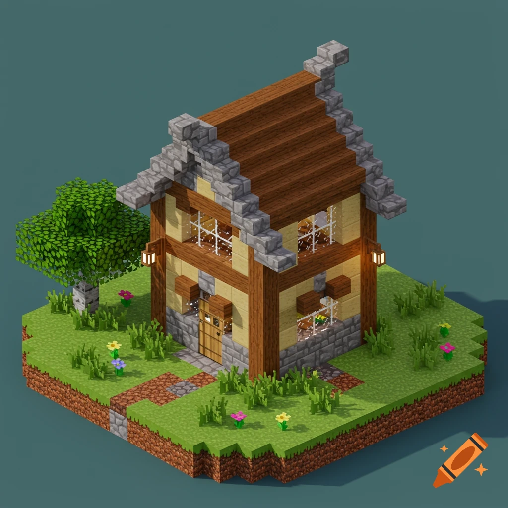A block-style house from an isometric view, reminiscent of Minecraft, with a tree and flowers on a floating grassy island.