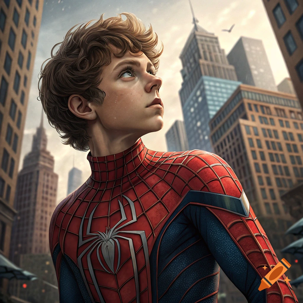 A young man with curly brown hair, resembling Michael Cera, wears a detailed Spider-Man suit and looks up in a bustling city.