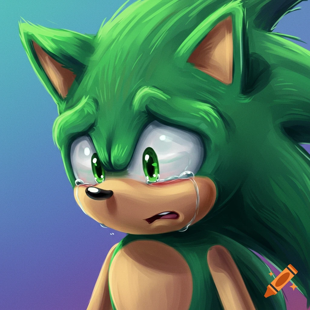 A close-up illustration of a green, Sonic-like hedgehog character crying.