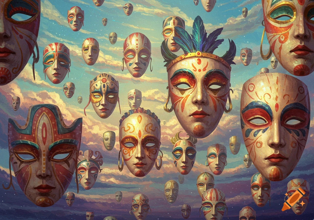 Multiple ornate and colorful masks float in a cloudy sky in an artistic painting style.