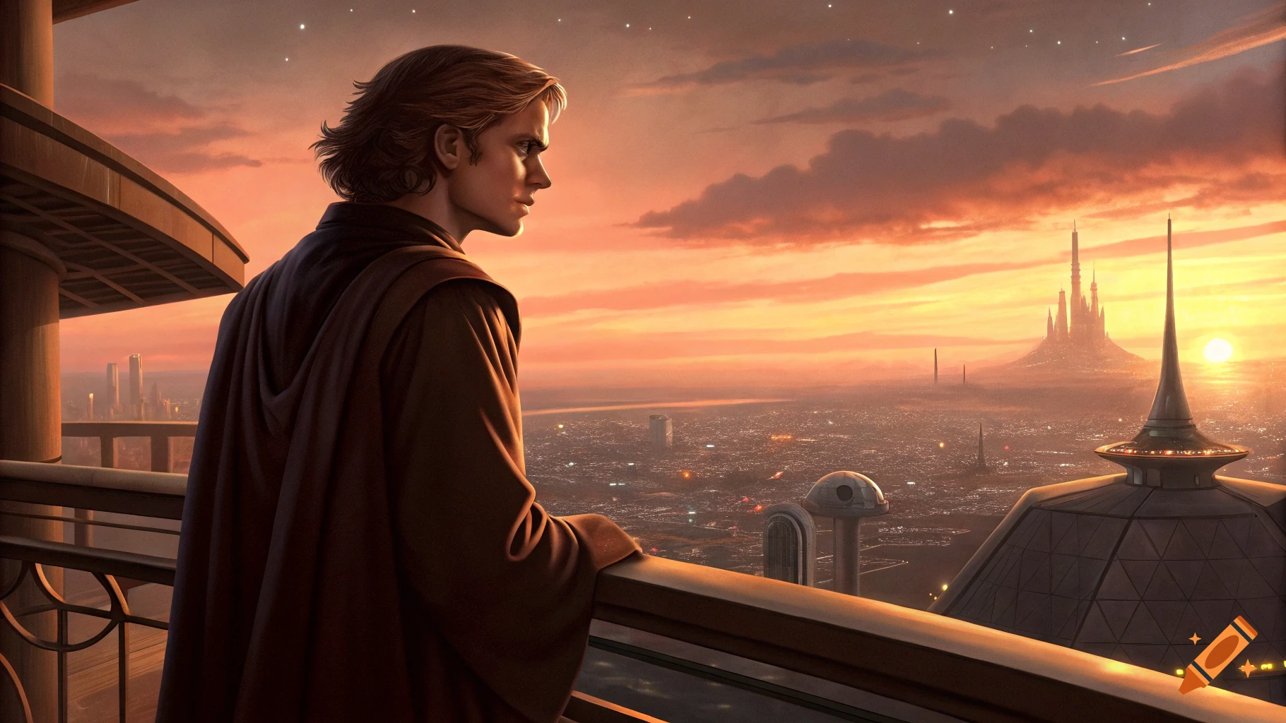 Anakin Skywalker in Jedi robes looks out from a balcony over a futuristic city at sunset, with distant spires and a bright horizon.