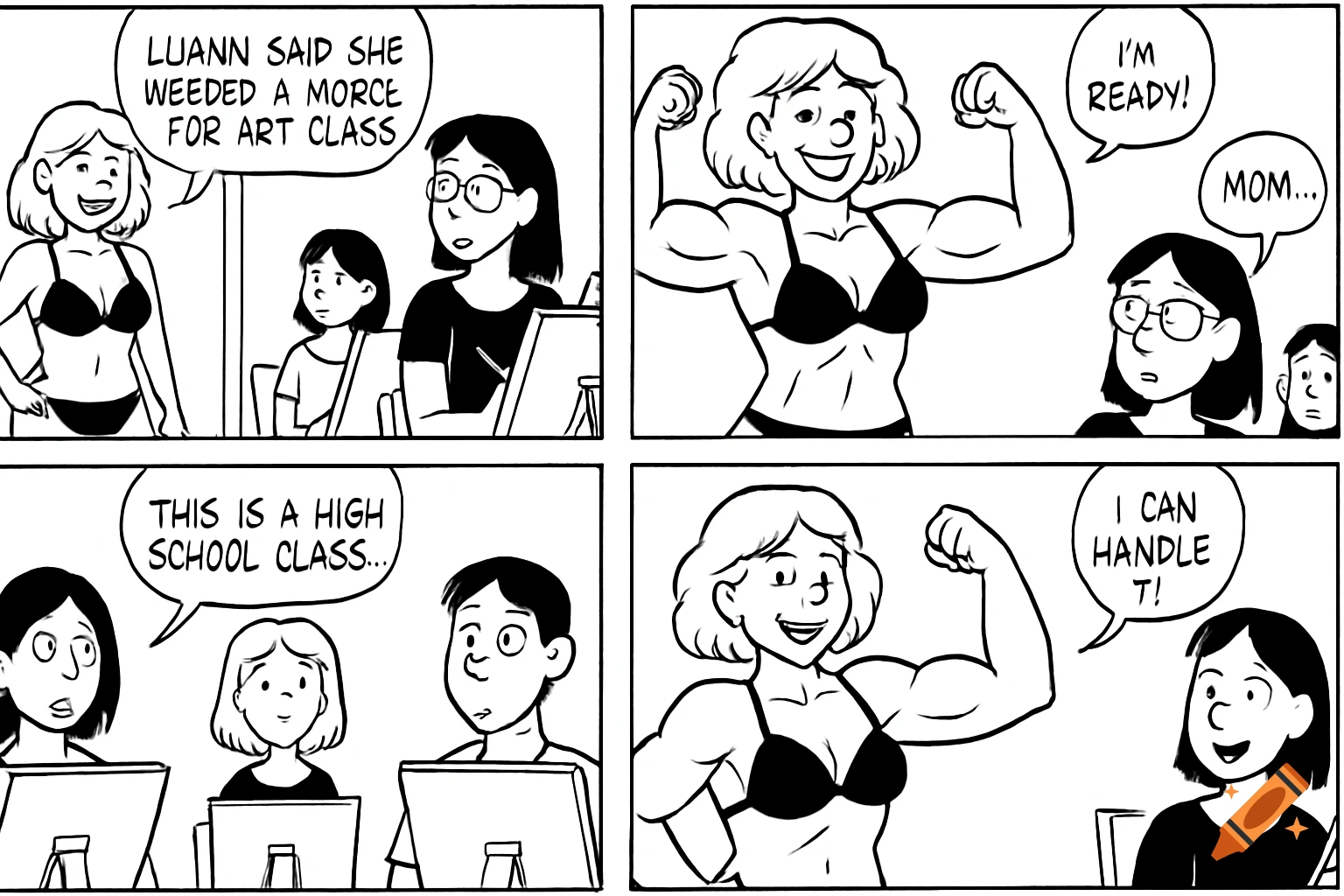 A black and white comic strip shows a muscular woman in a bikini flexing in front of students in an art class. Text bubbles show dialogue.