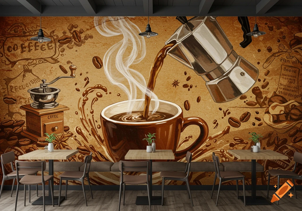Illustrated vintage-style mural on a cafe wall depicting coffee pouring into a cup, surrounded by coffee beans and equipment.