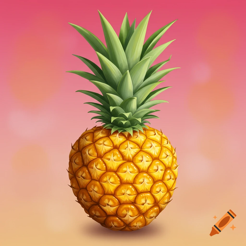 A single pineapple with green leaves sits centered against a pink and orange gradient background, illustrated in a realistic style.