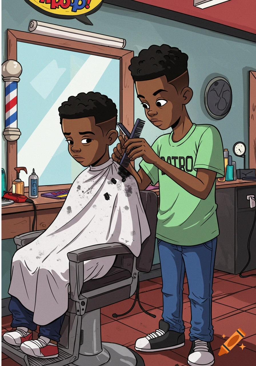 Cartoon image of two Black boys in a barbershop, one giving the other a haircut.
