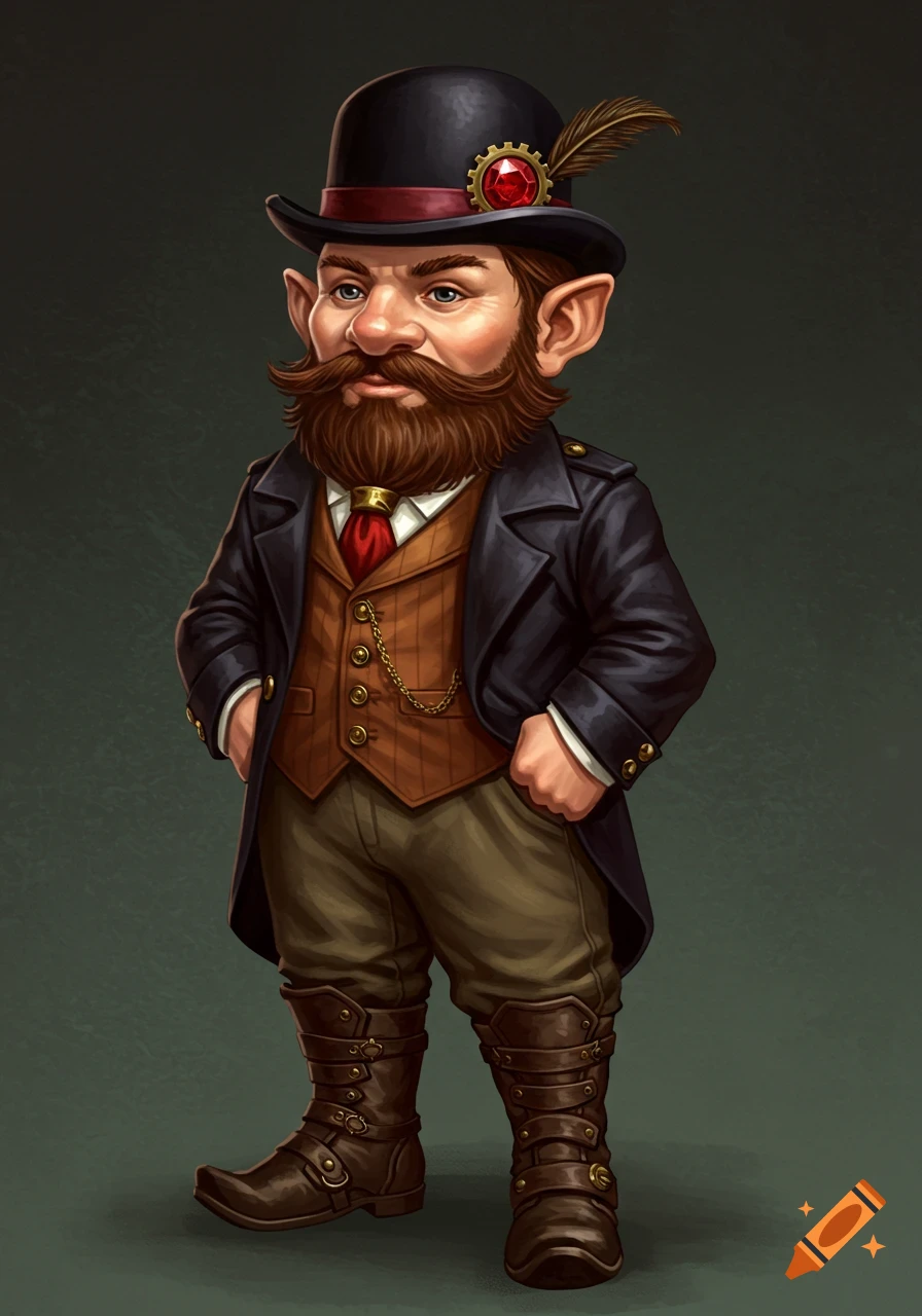 A stylized illustration of a gnome with a brown beard, wearing steampunk-style clothes and a black bowler hat with a red gem.