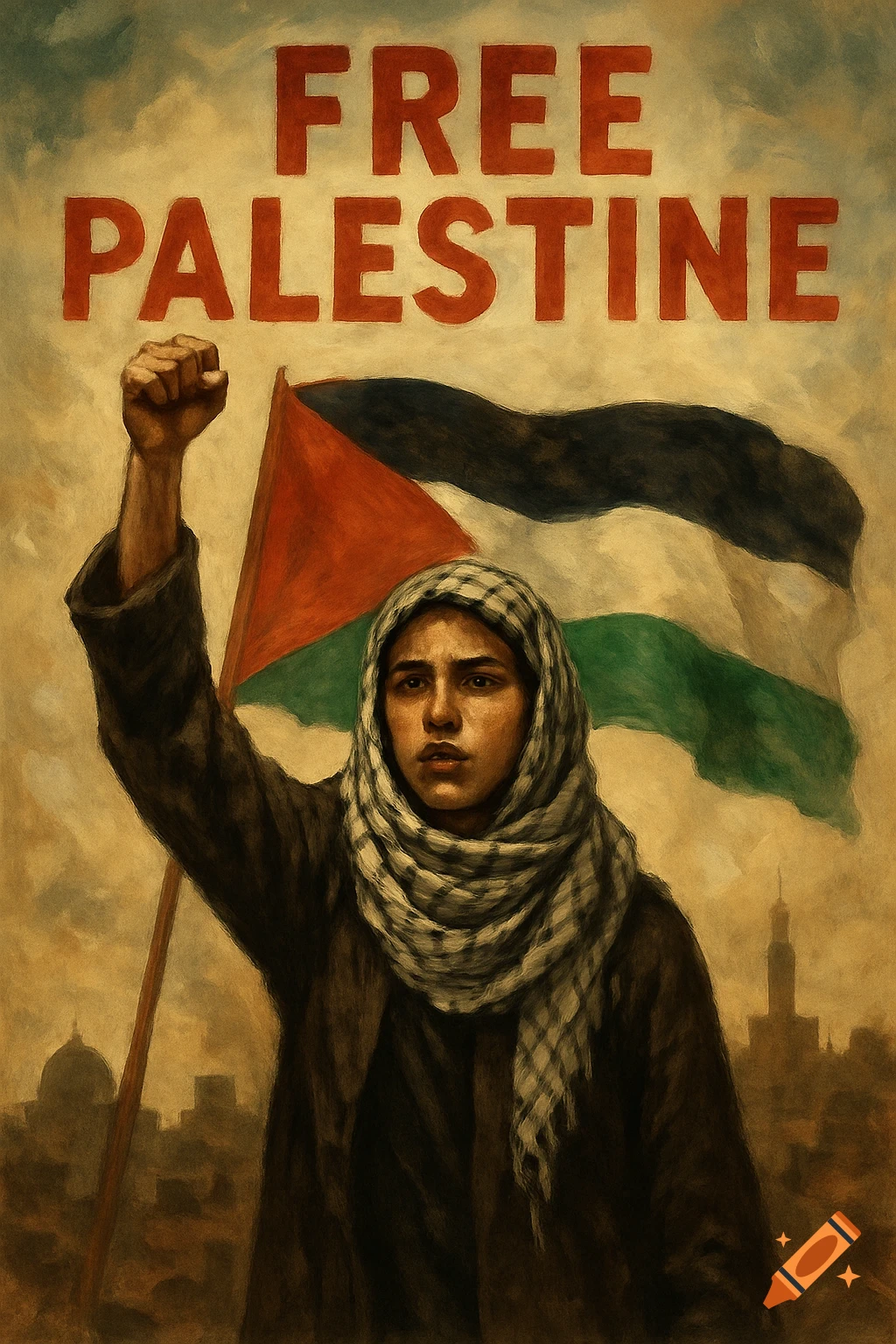 A person with a raised fist in front of a Palestinian flag, with 'FREE PALESTINE' text above, in a painterly style.