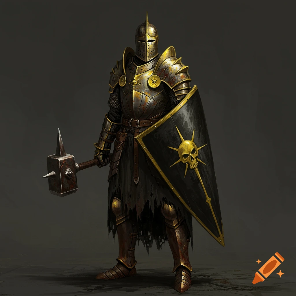 A knight in rusty golden armor holding a warhammer and a black shield with a golden skull emblem.