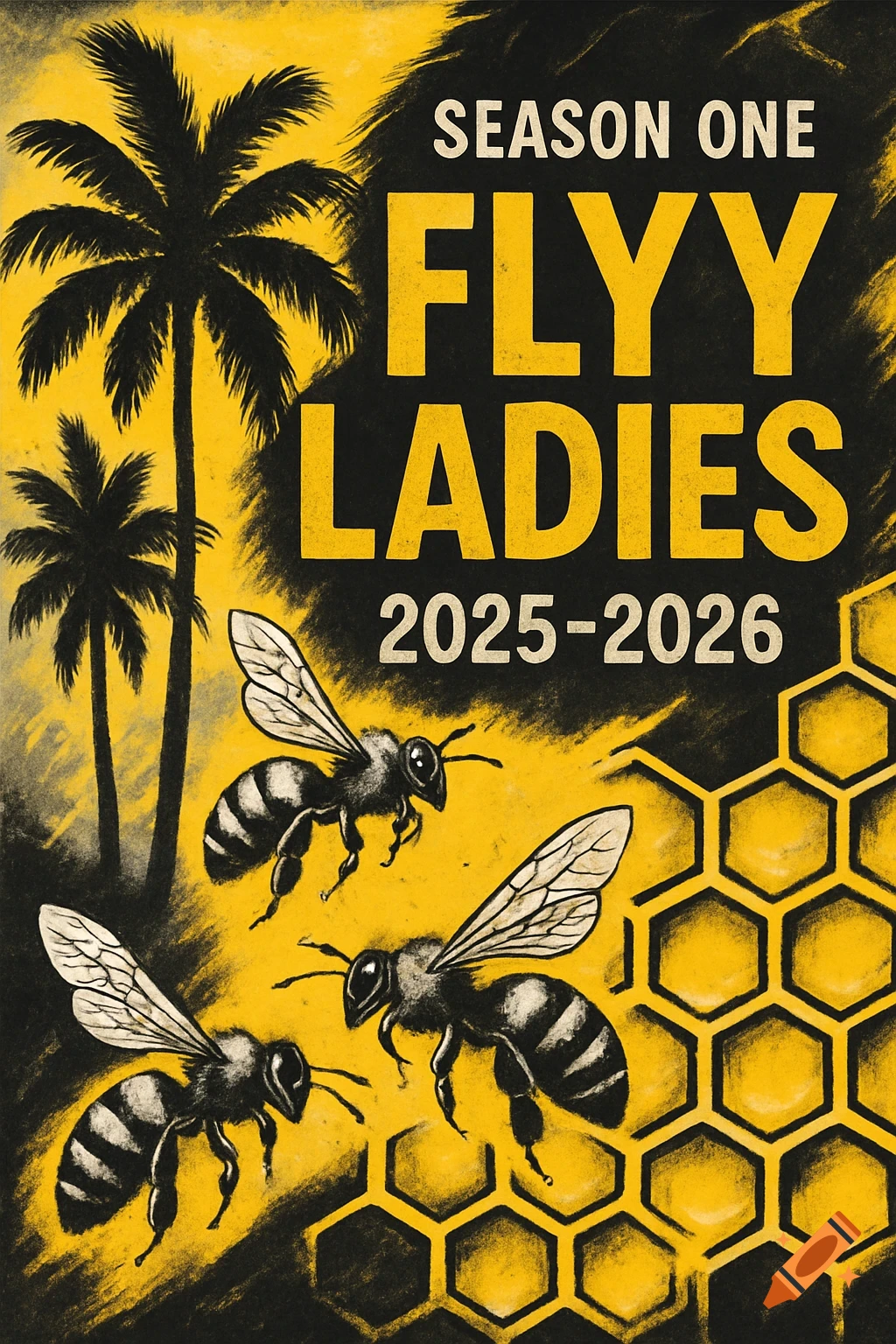 A vintage-style poster with black palm trees, three bees, and honeycomb on a yellow and black background. Text reads 'SEASON ONE FLYY LADIES 2025-2026'.