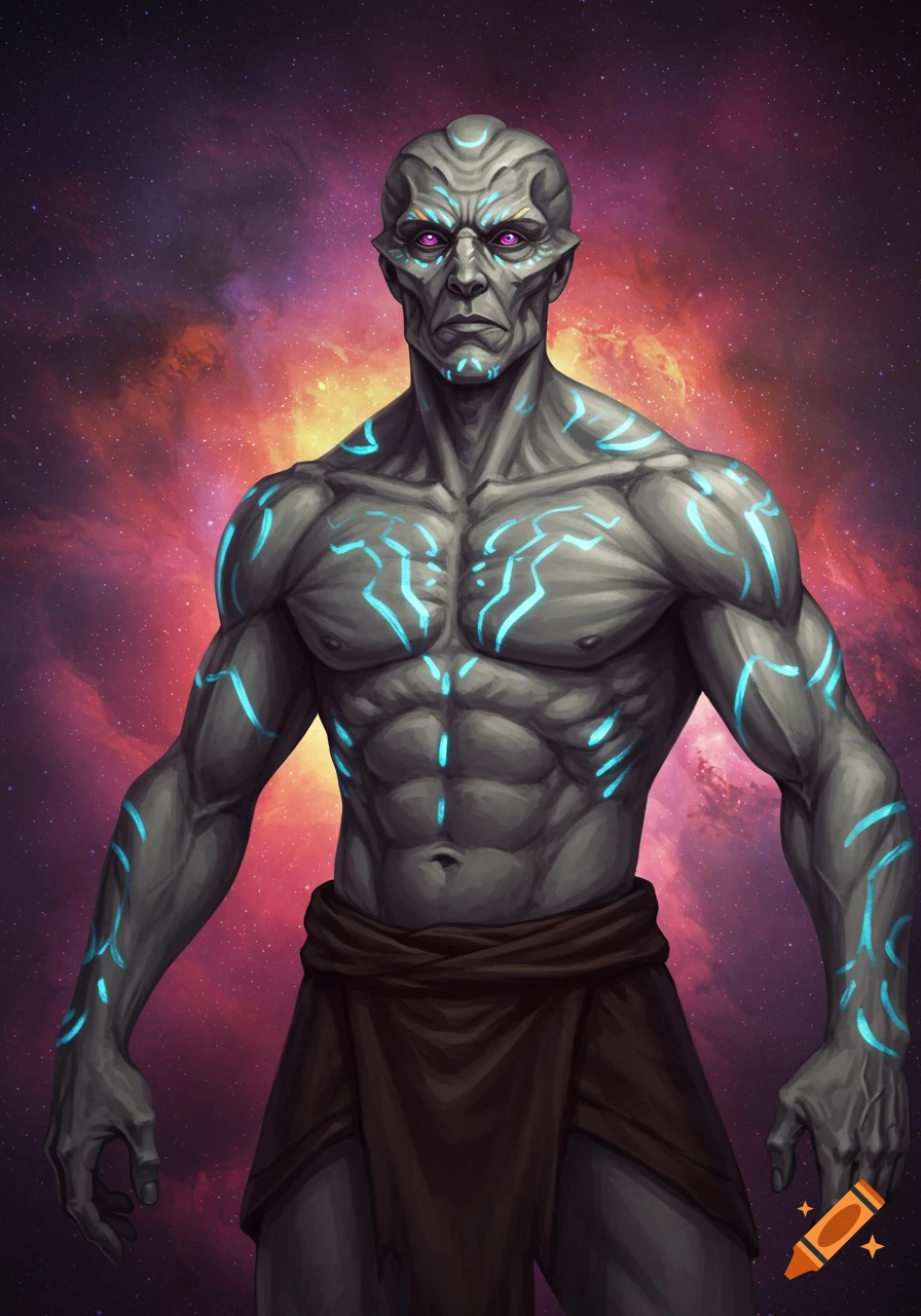 A muscular, gray-skinned alien man with glowing blue markings and purple eyes stands against a vibrant galaxy background.