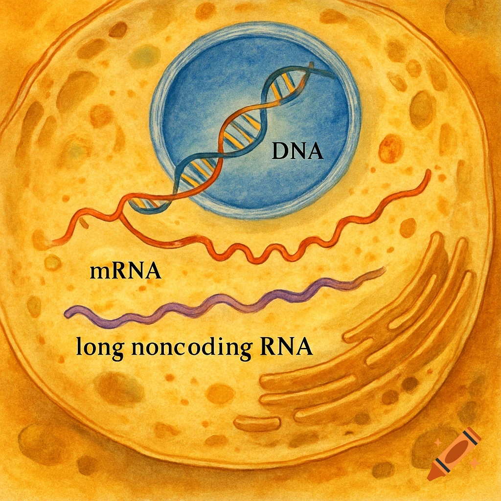 Watercolor illustration of a cell showing DNA in the nucleus and mRNA and long noncoding RNA in the cytoplasm, with labels.