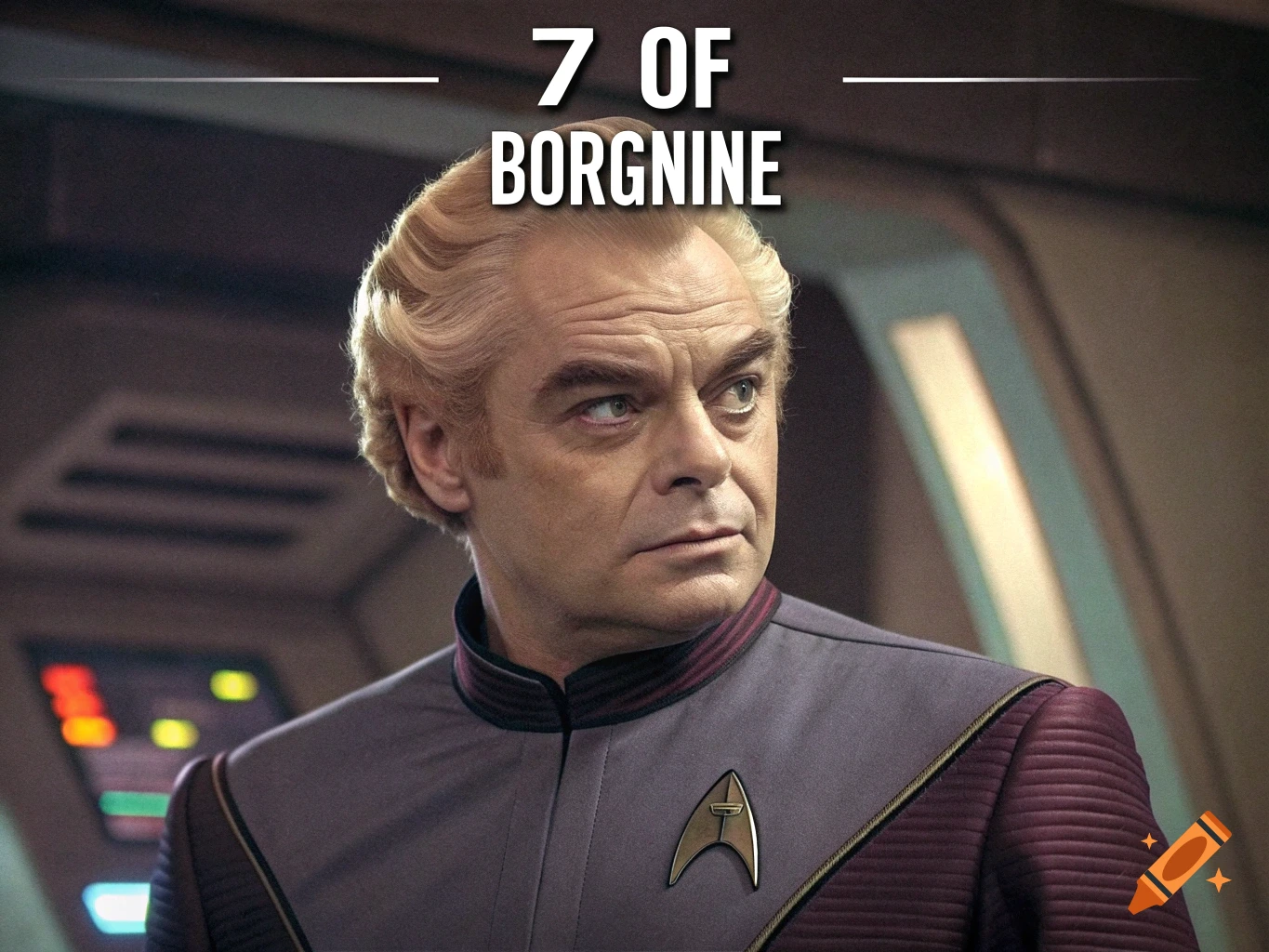 A man with light hair and a serious expression in a Starfleet-like uniform, with '7 OF BORGNINE' text above him.