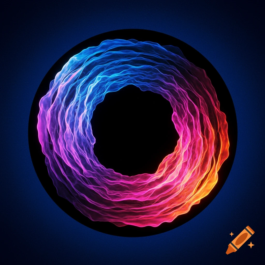 A vibrant ring of wavy, glowing light, transitioning from blue to purple to red-orange, against a dark blue background.
