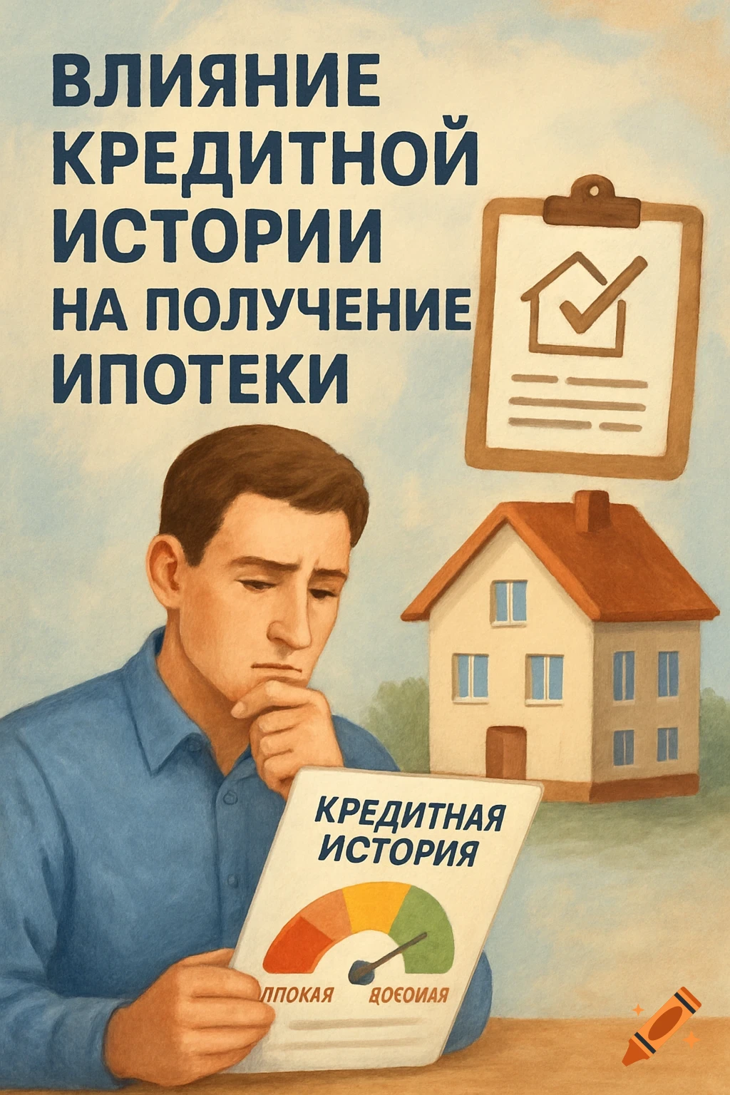 A man looks thoughtfully at a document showing his credit score, with a house and a mortgage checklist in the background. The style is an illustration.