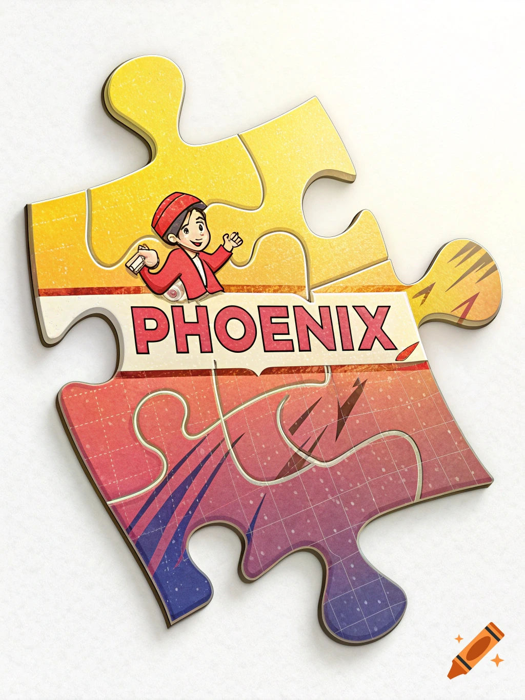A colorful puzzle piece with a cartoon character wearing a red hat, holding a paper, and the word PHOENIX written on it.