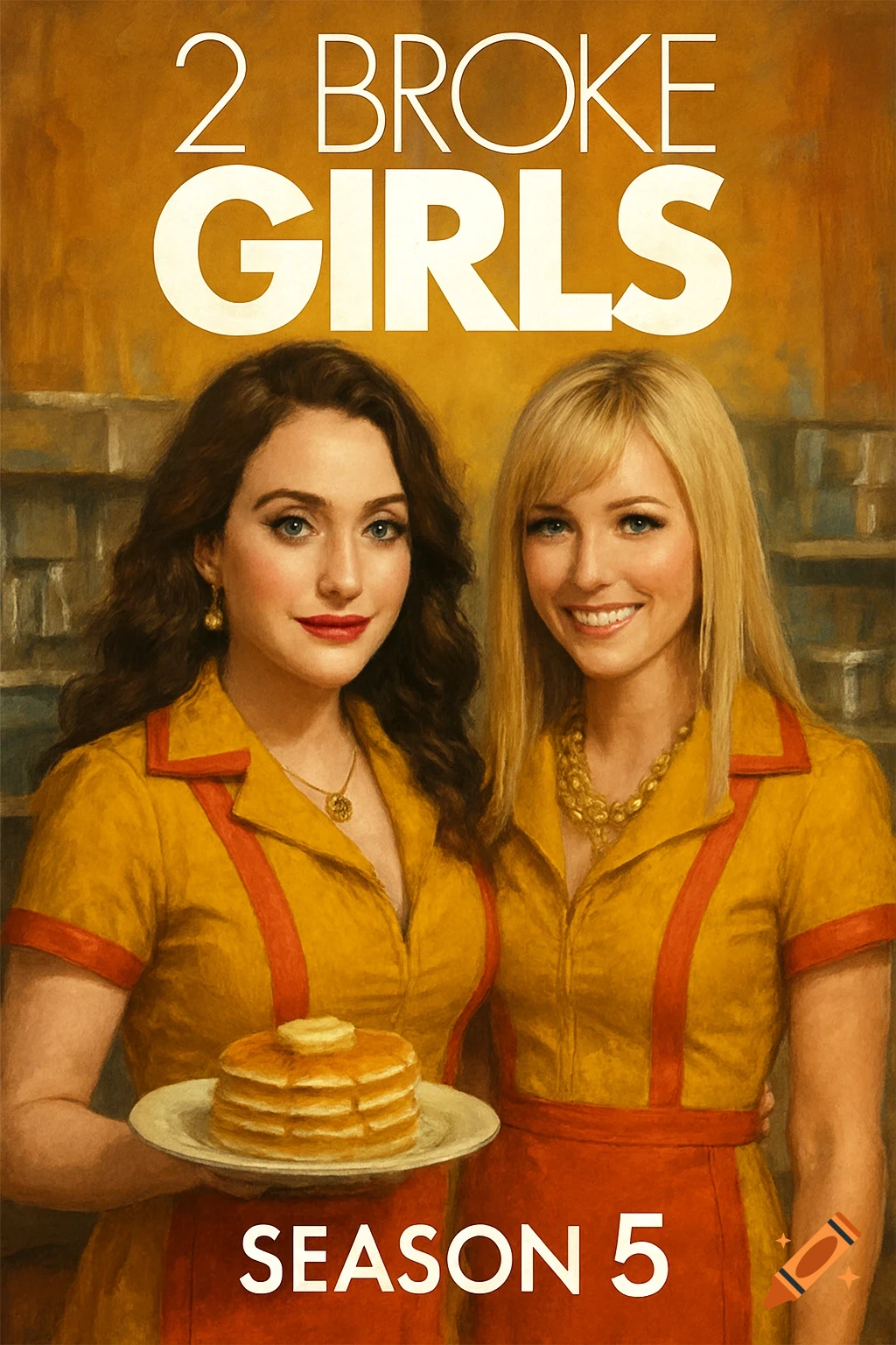 Promotional poster for '2 Broke Girls' Season 5 featuring two women in diner uniforms, one holding pancakes.