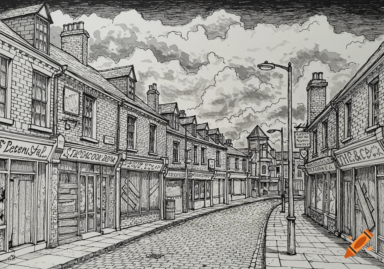Black ink line art of a British industrial town street with boarded-up shop fronts under a cloudy sky.