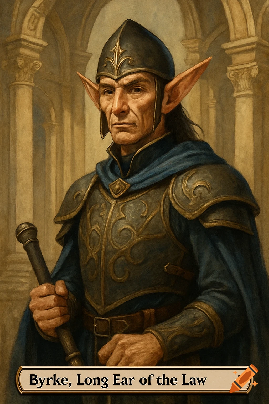 A portrait of Byrke, a stern-faced elf in dark fantasy armor with a blue cloak, holding a staff. The text 'Byrke, Long Ear of the Law' is at the bottom.