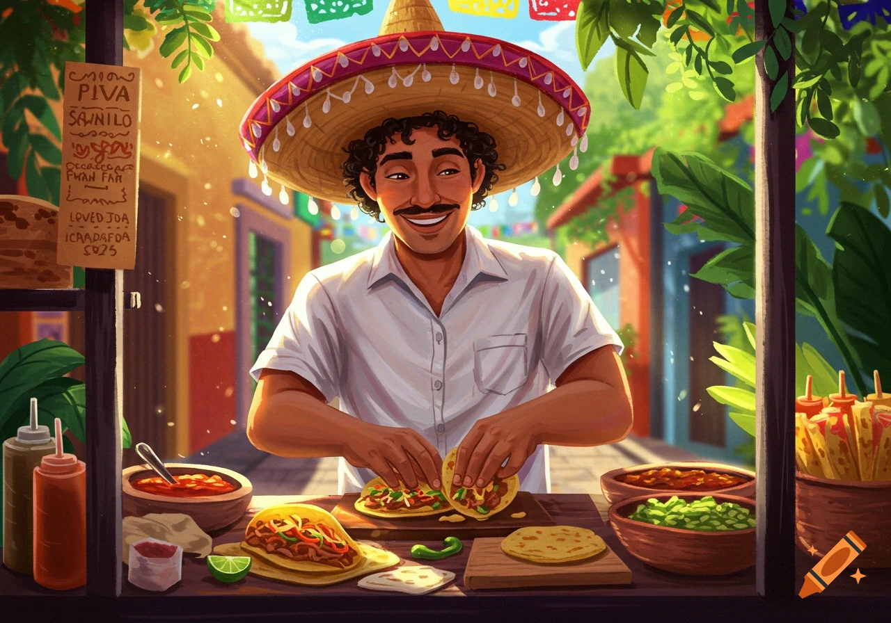 A man in a sombrero makes tacos at a vibrant street food stall in a sunny outdoor setting.
