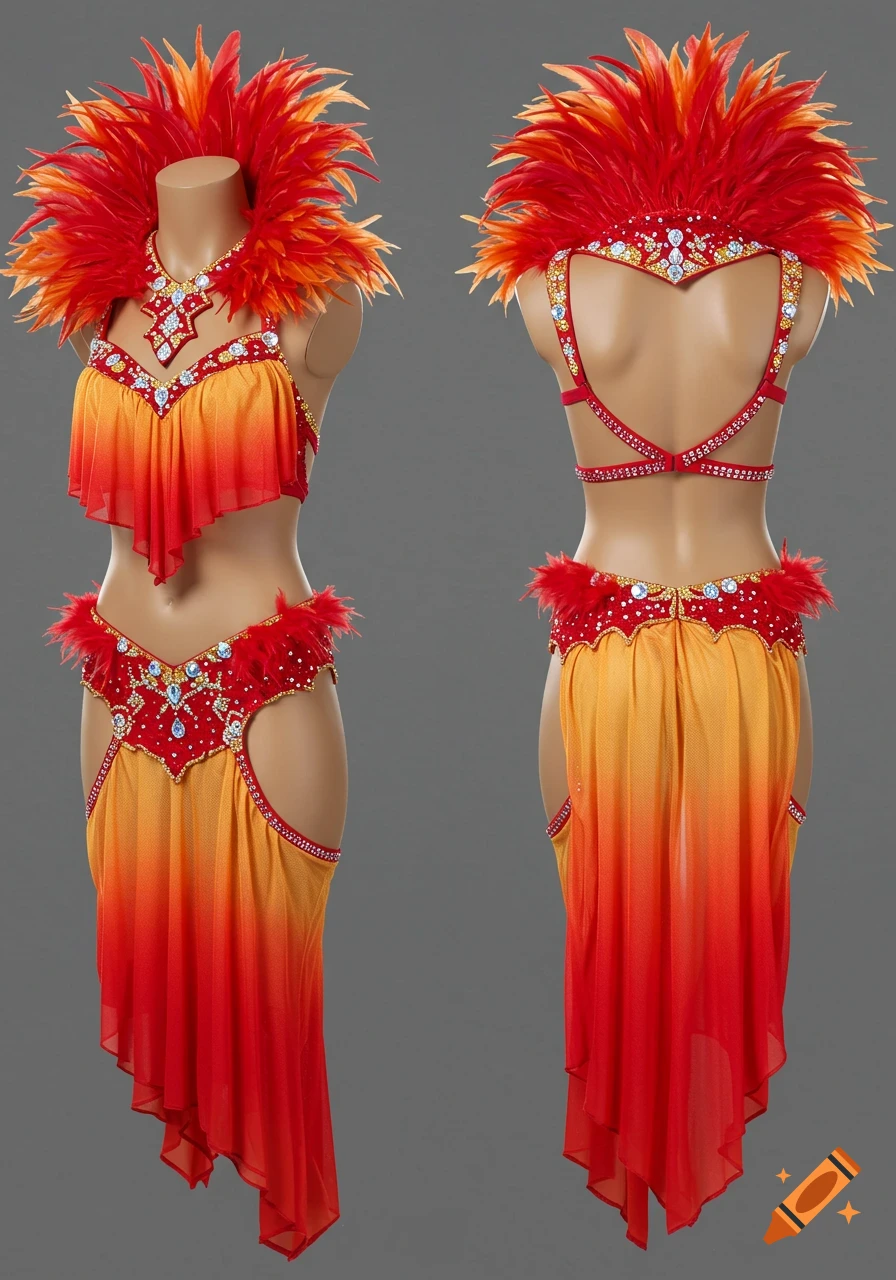 Front and back view of a red and orange ombre dance costume with feather collar and rhinestone appliques on a mannequin.