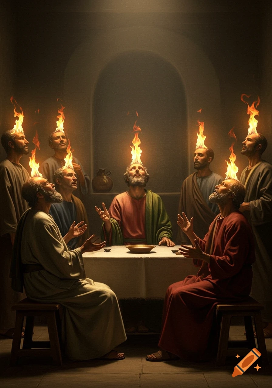 A group of men seated around a table with flames above their heads in a dimly lit, ancient room.