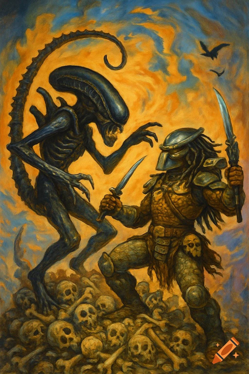 A stylized painting of an Alien (Xenomorph) and a Predator battling on a pile of skulls under an orange and blue sky.