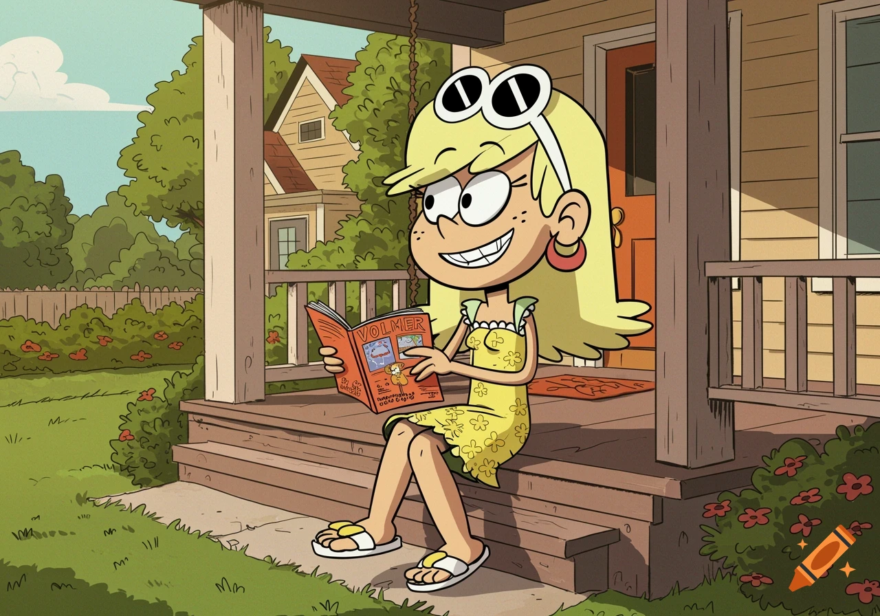 Leni Loud, a blonde cartoon character with large sunglasses on her head, sits on a wooden porch step, smiling and reading an orange book. A house and trees are in the background.