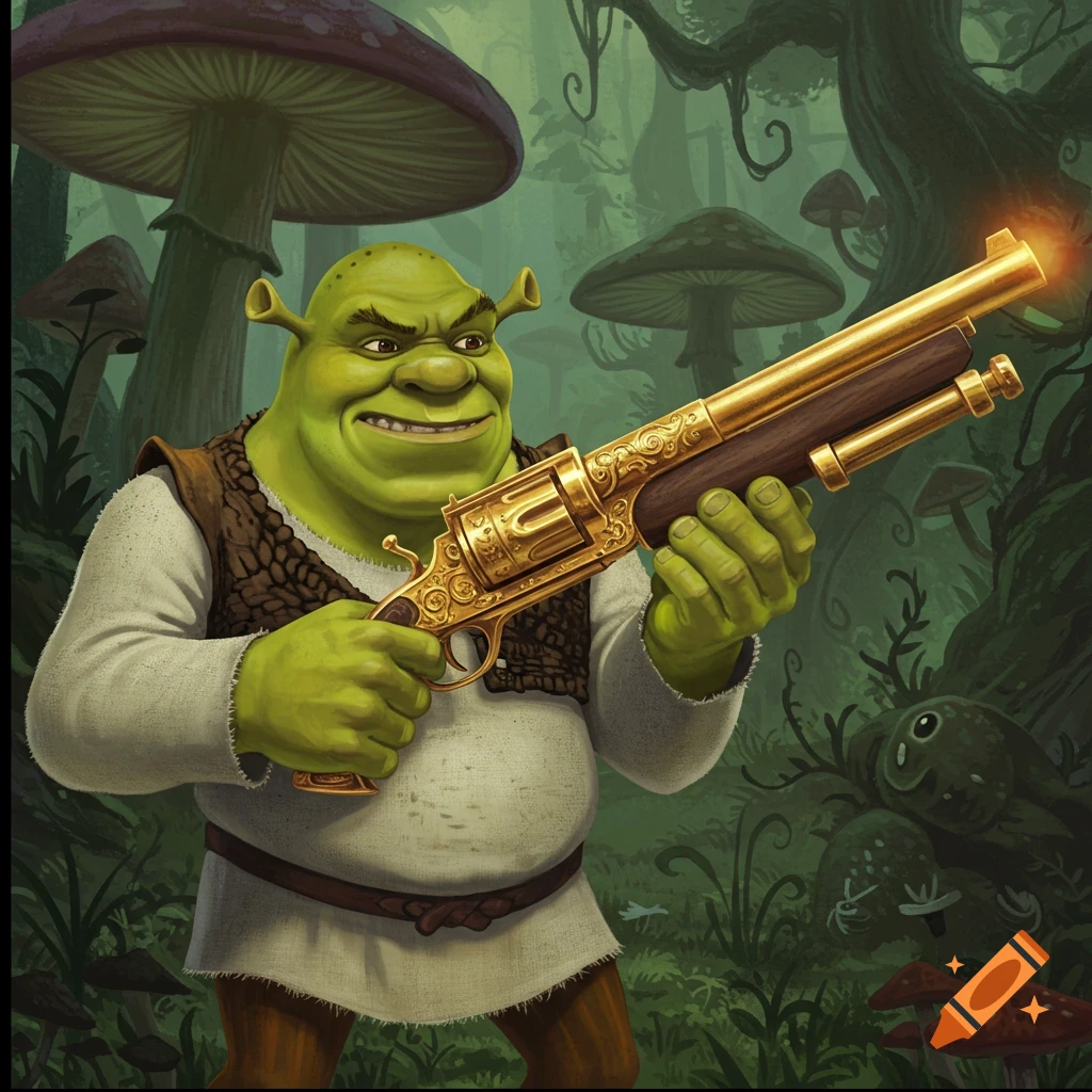 Shrek, the green ogre, stands smiling in a swampy forest, holding a golden, ornate gun.