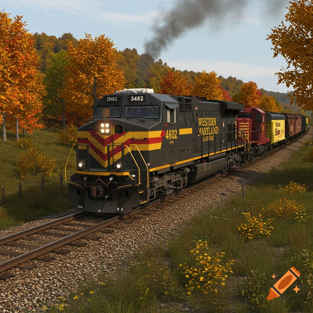 A black and yellow train, marked 'Western Maryland', travels on tracks through an autumn landscape with colorful trees and green and yellow foliage.