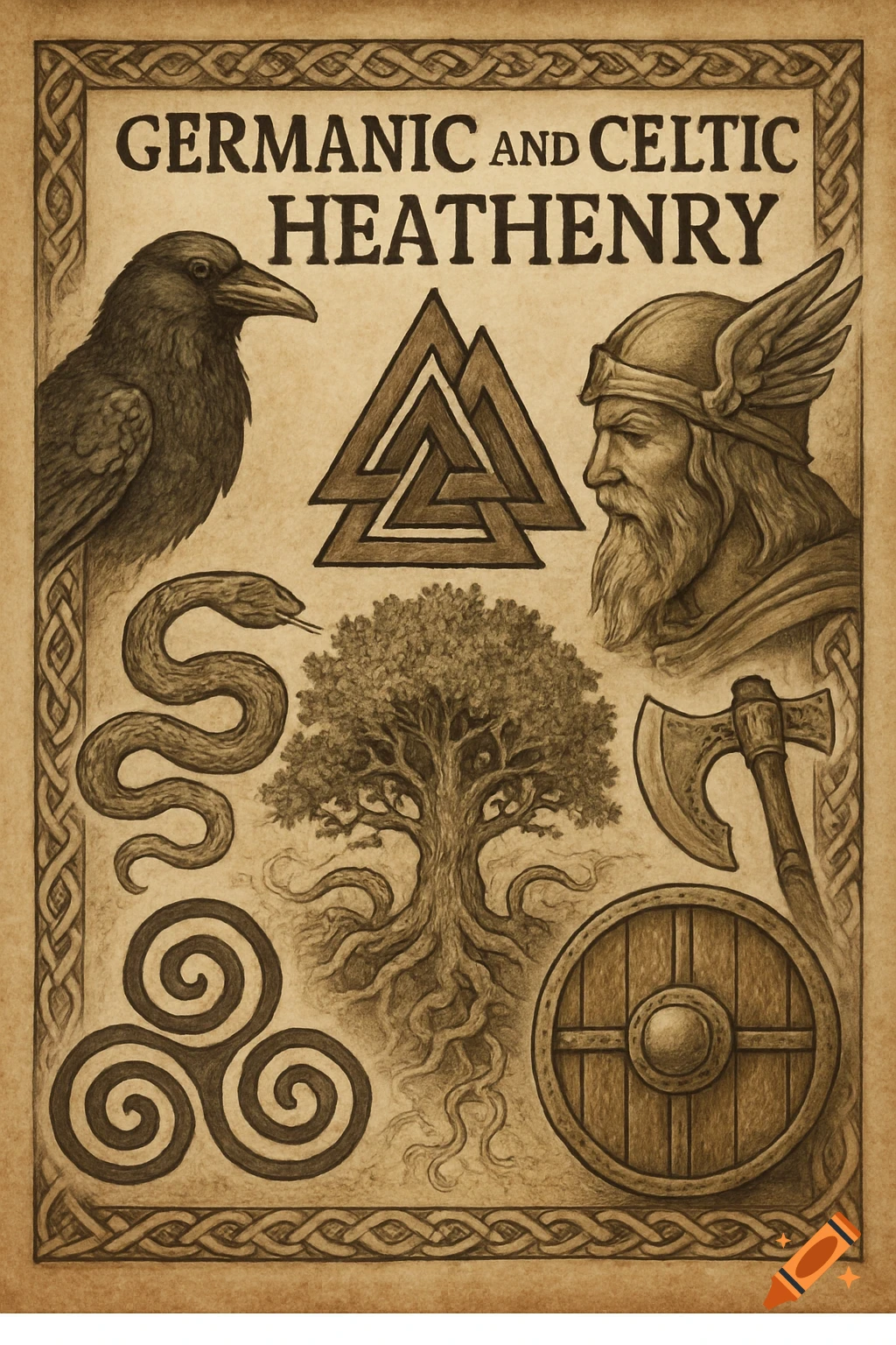 Sepia-toned illustration of Germanic and Celtic Heathenry symbols: raven, Viking, tree of life, axe, shield, snake, and Triskelion, with text.