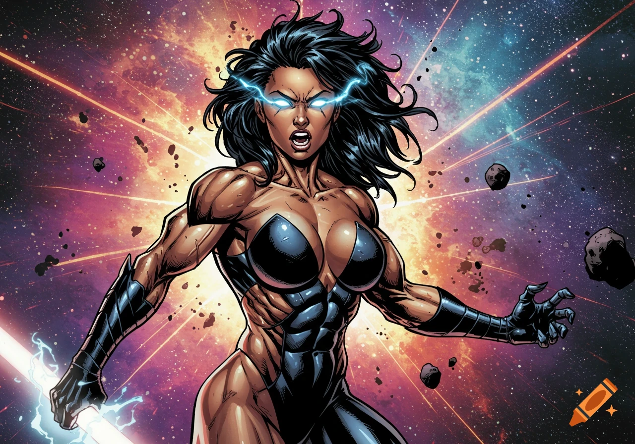 A powerful, muscular female superhero with glowing blue eyes and dark hair, surrounded by cosmic energy and asteroids in space, comic book style.