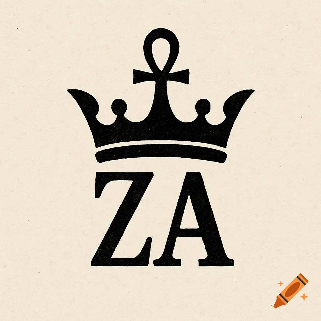 Black crown with an ankh on top, above the letters ZA, on a light beige background. Graphic, emblem style.