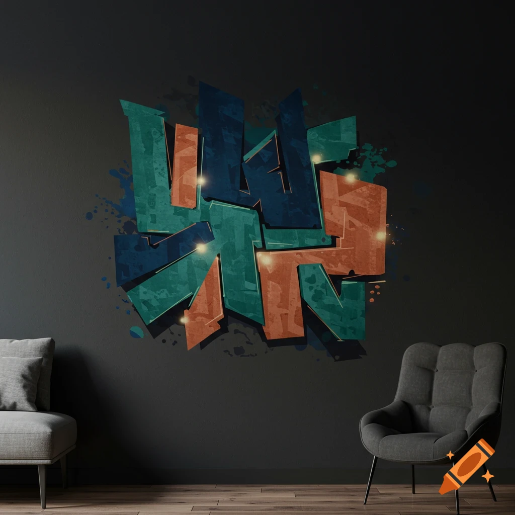Abstract graffiti-style wall art in blue, green, and orange on a dark gray wall in a modern living room with a sofa and armchair.