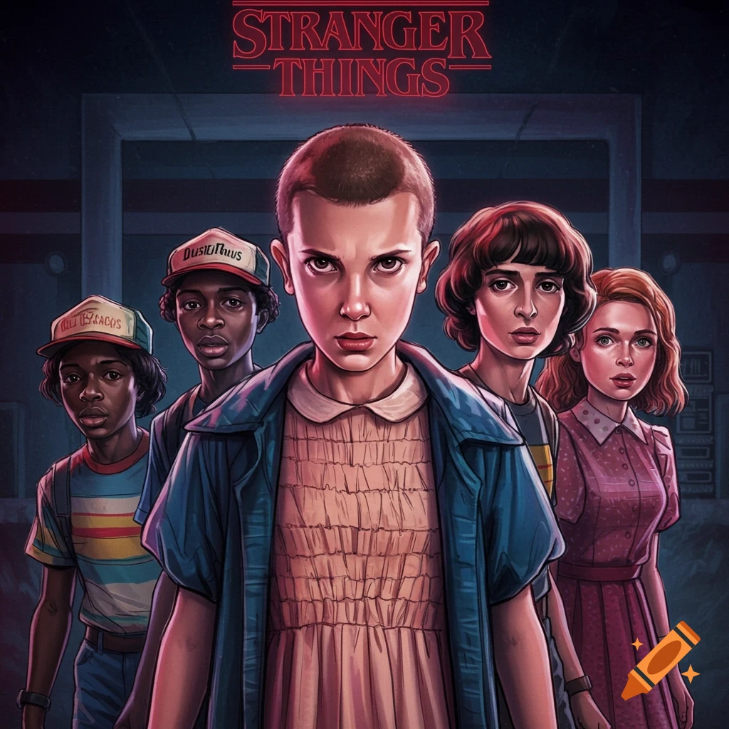 Illustration of five characters from Stranger Things, led by Eleven, in a mysterious setting.
