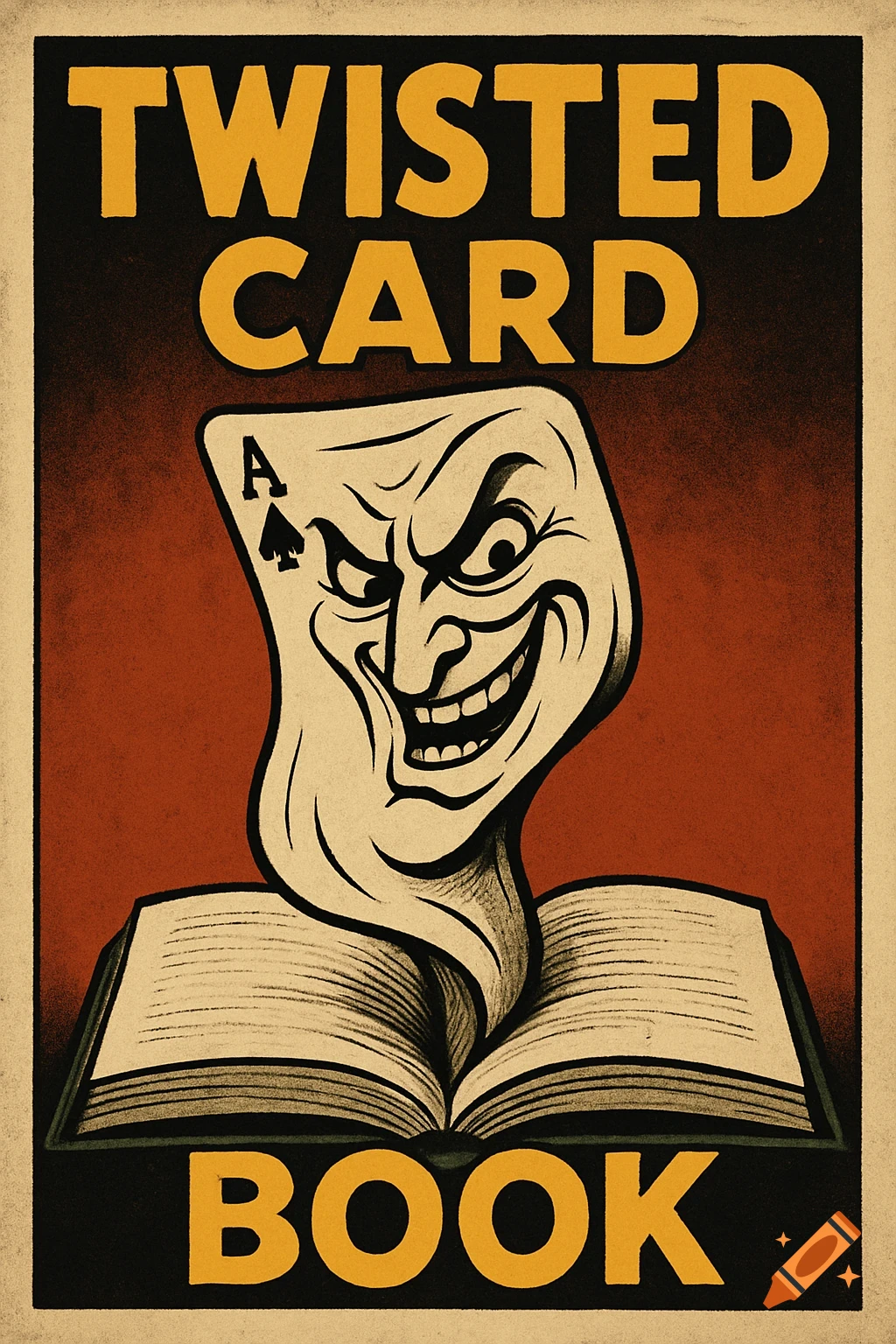Vintage style poster with 'Twisted Card Book' text, featuring a mischievous playing card face emerging from an open book.