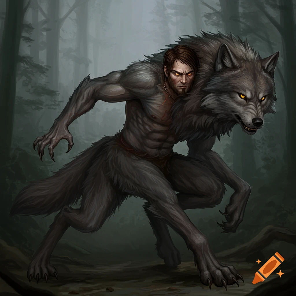 A muscular human torso merges with a grey wolf body, its head snarling from the shoulder, in a dark forest, in a fantasy art style.