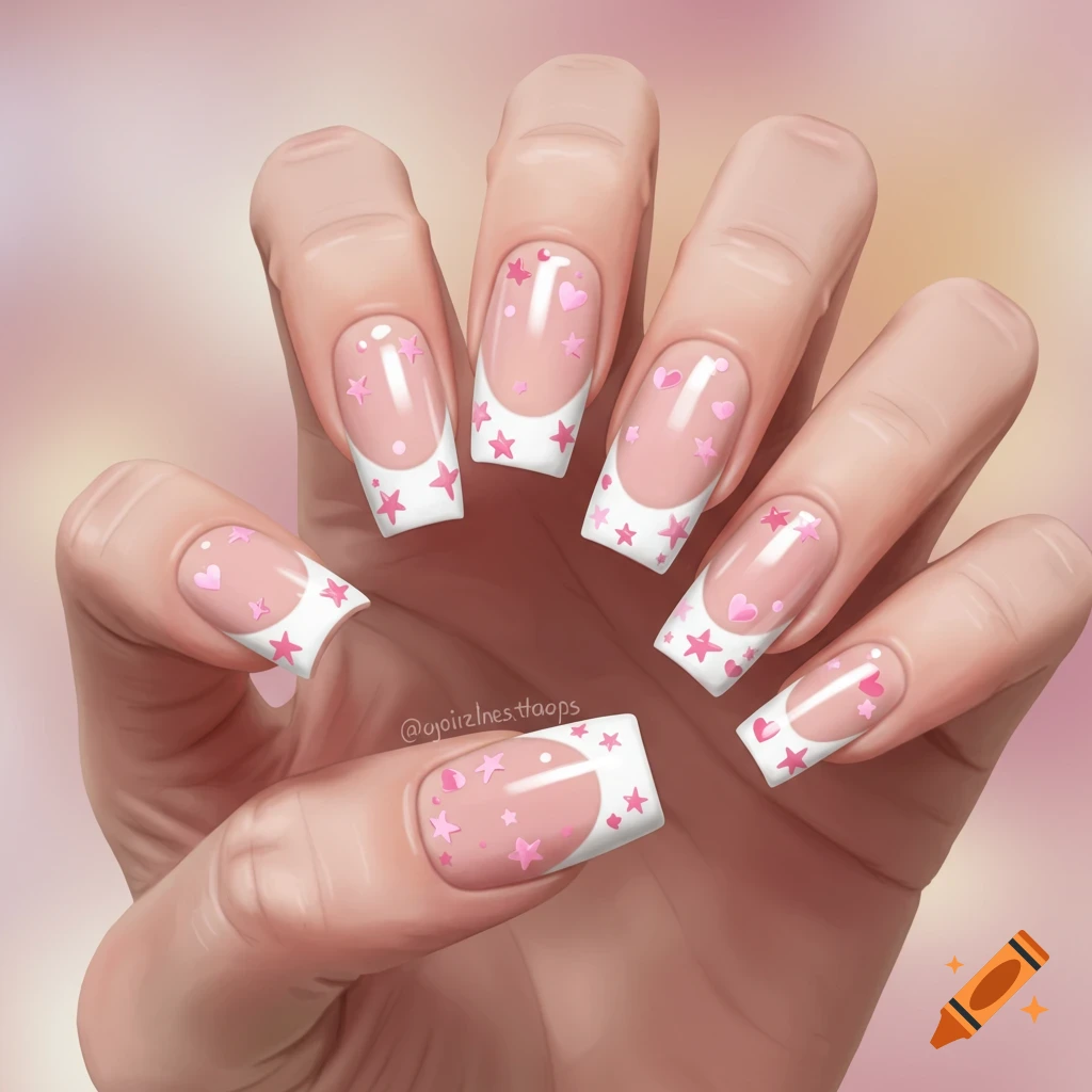 Close-up of a hand with short, square white French tip nails adorned with pink stars and hearts.