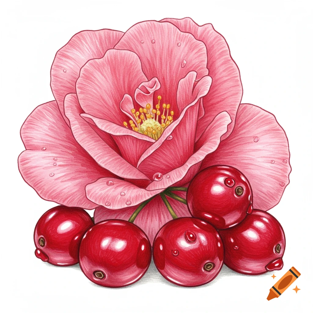 A detailed illustration of a pink rose with water droplets, nestled amongst several shiny red berries.