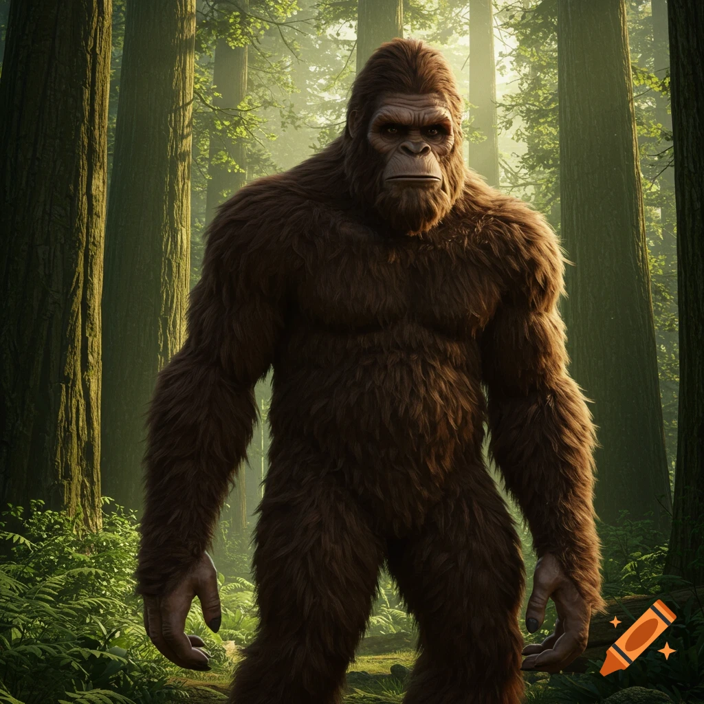 A large, brown, furry Bigfoot creature stands in a lush, green forest with tall trees and dappled sunlight.