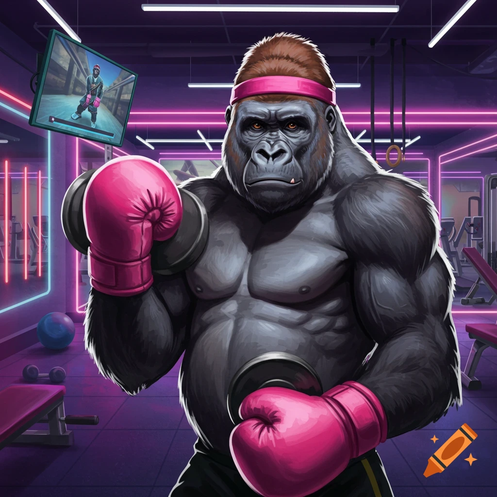 A muscular gorilla wearing pink boxing gloves and a pink headband in a neon-lit gym, depicted in a stylized illustration.