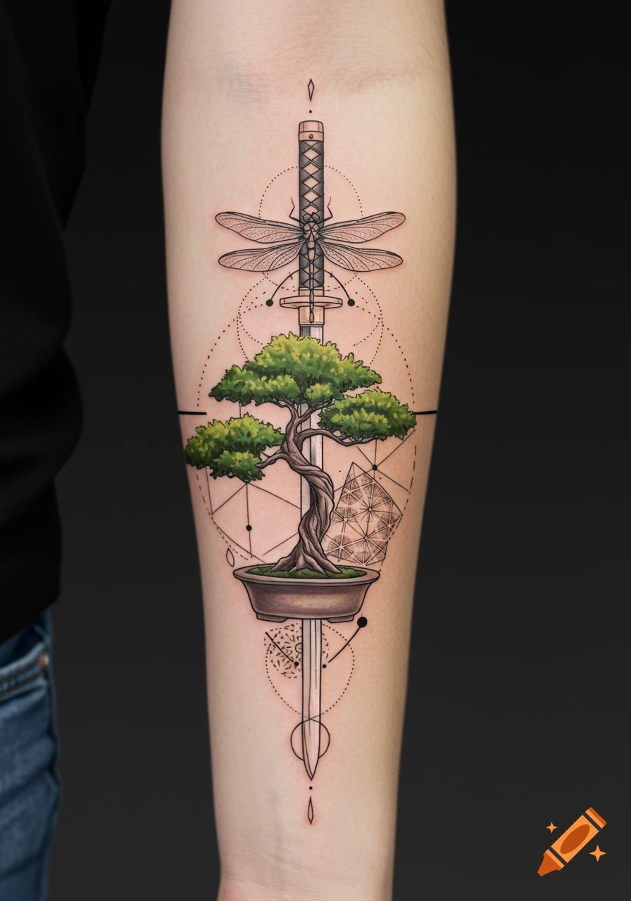 A forearm tattoo featuring a bonsai tree centered on a samurai sword, with a dragonfly at the hilt, surrounded by geometric patterns.