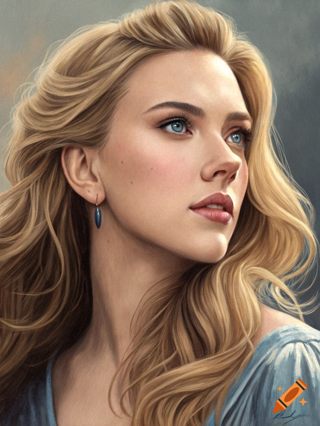 A close-up photorealistic portrait of a woman with blonde hair and blue eyes, looking upwards and to the right.