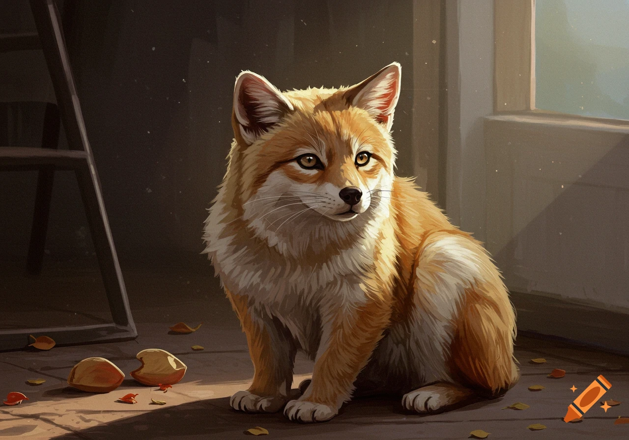 A fluffy orange and white fox sits on a wooden floor with scattered leaves, bathed in warm sunlight, in a digital art style.