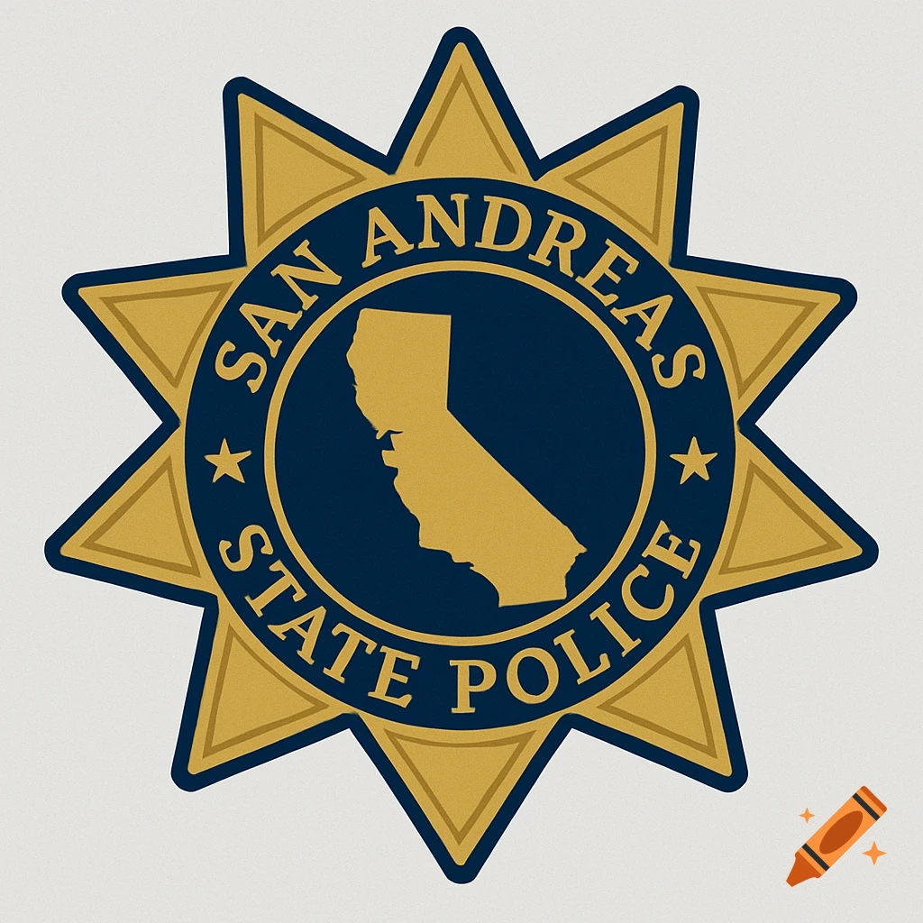 A golden 8-point star police badge with a blue center showing a golden silhouette of California and the text SAN ANDREAS STATE POLICE.