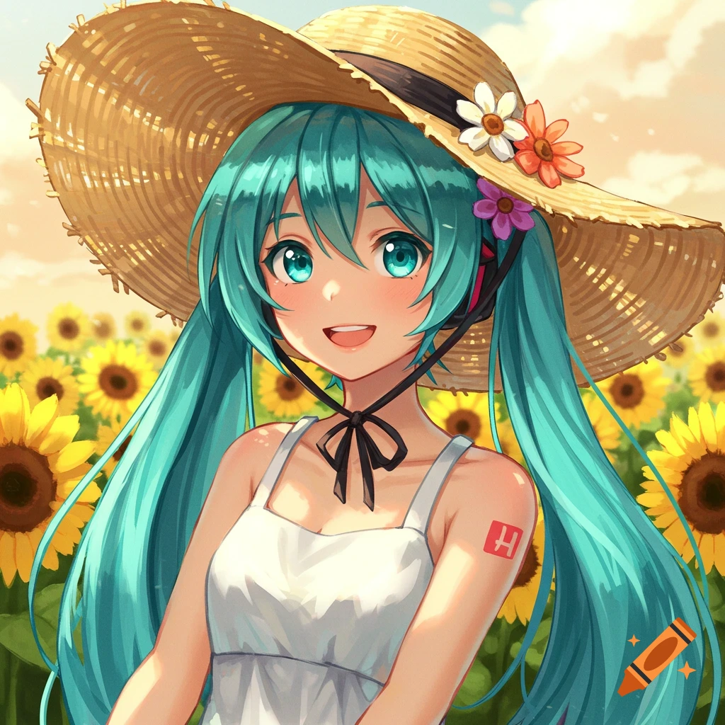 An anime girl with teal pigtails, wearing a straw hat and white sundress, smiles in a sunny sunflower field.