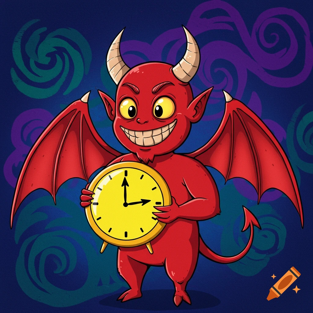 A red cartoon devil with large wings and horns, smiling broadly, holding a yellow clock face.