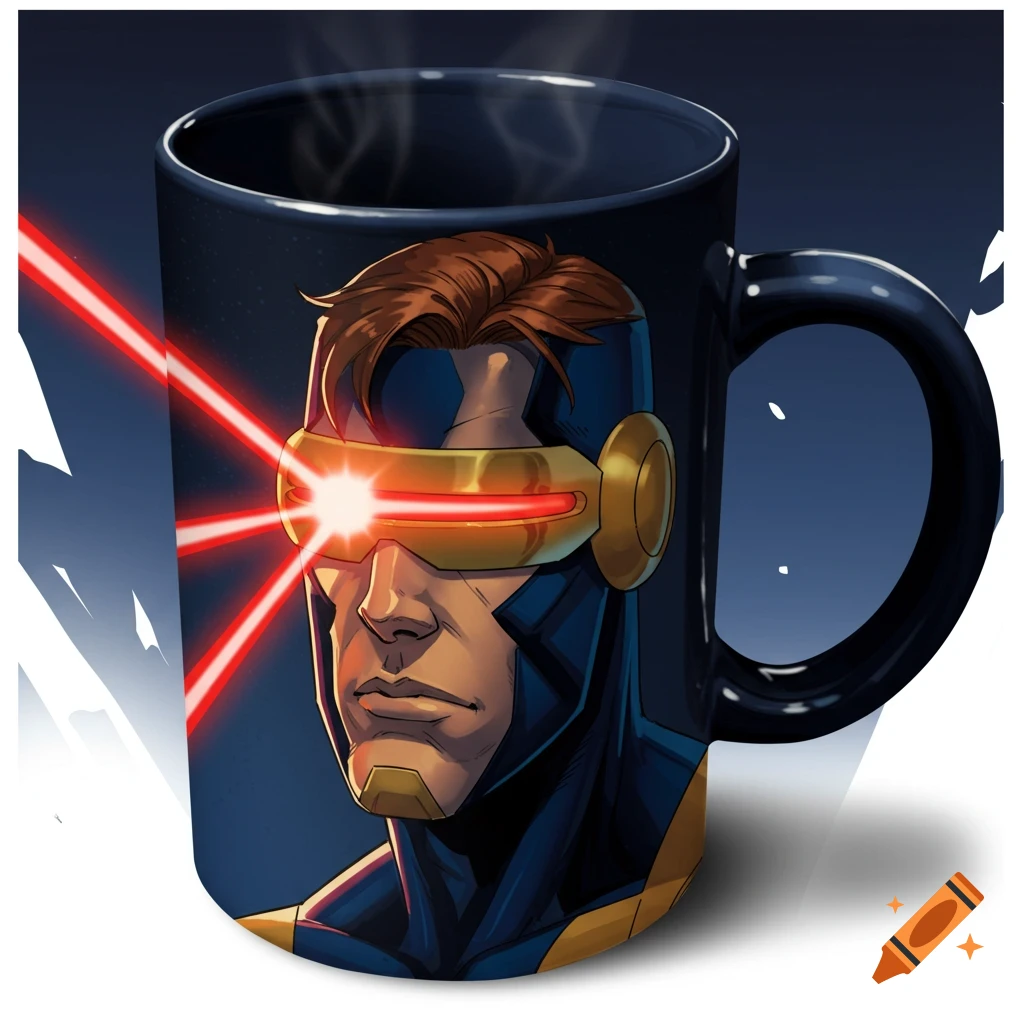 A dark mug featuring a stylized illustration of Cyclops from X-Men, emitting red optic blasts.